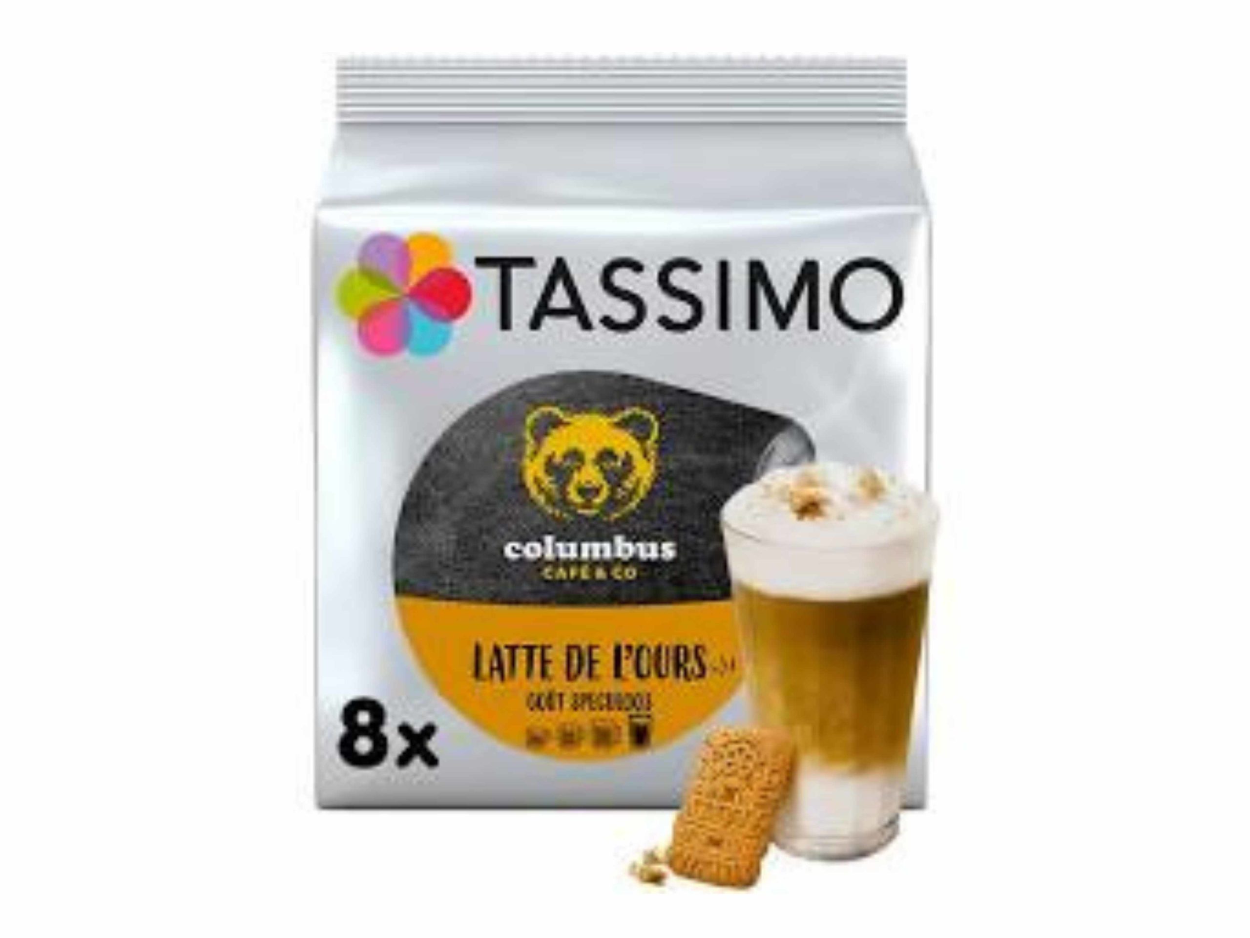 Café dosettes latte de l'ours goût speculoos COLOMBUS TASSIMO : le paquet  de 8 dosettes à Prix Carrefour