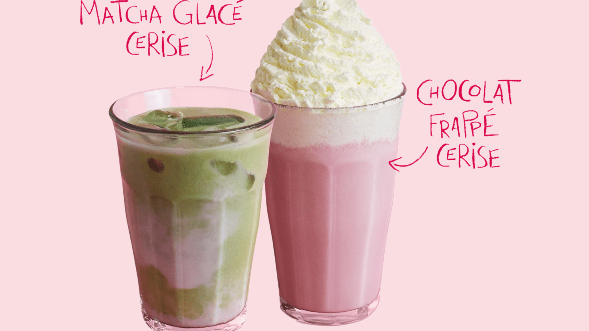Chocolat frappé cerise et Matcha glacé cerise 