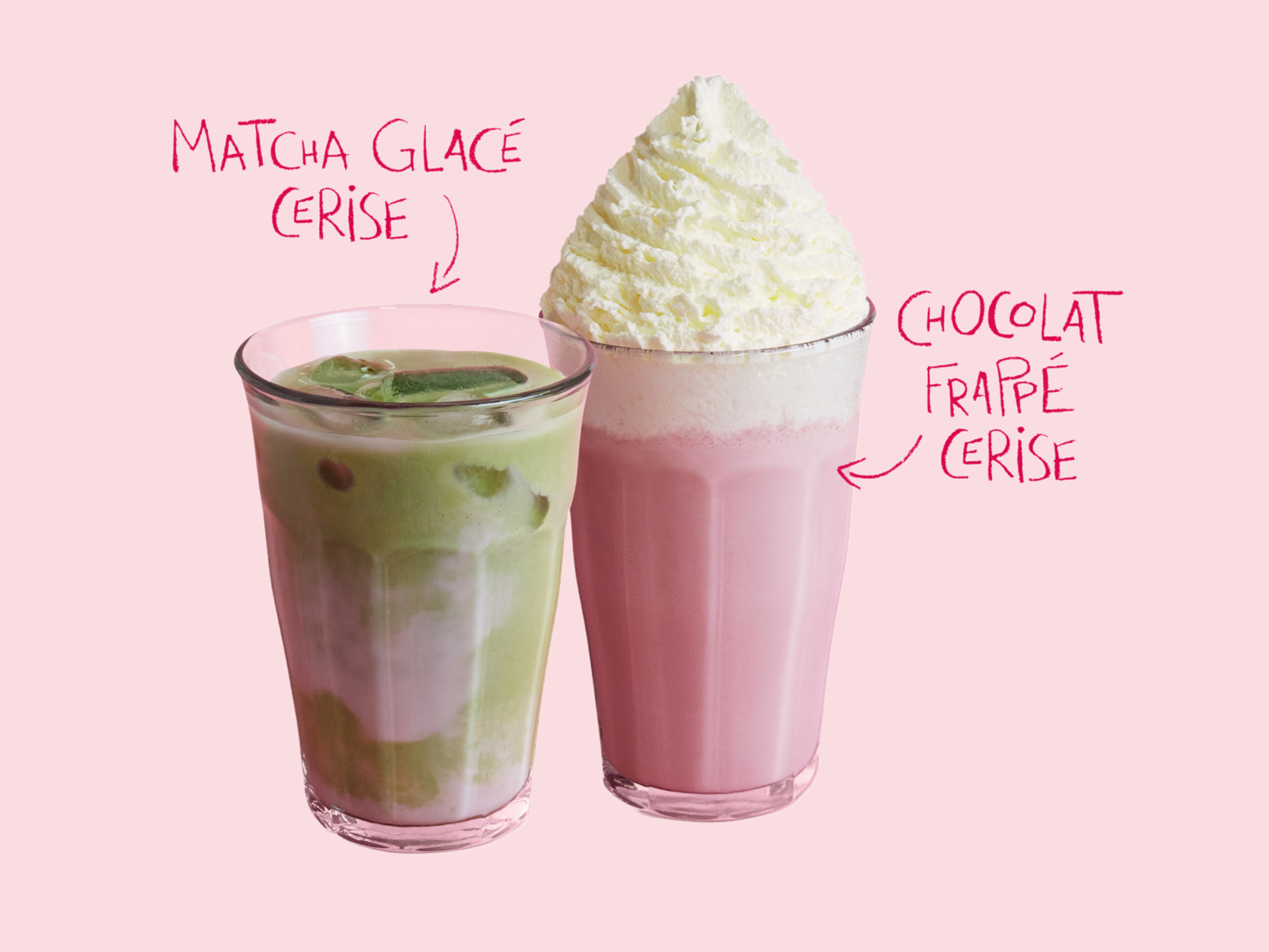 Chocolat frappé cerise et Matcha glacé cerise